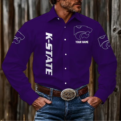 LIMITED EDITION - NEW CUSTOMIZED NCAA FBS24 KSW KANSAS STATE WILDCATS MEN'S LONG SLEEVE BUTTON-UP SHIRT
