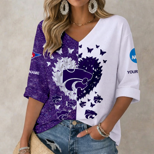 LIMITED DROP - NEW CUSTOMIZED | NCAA FBS24 KSW KS WILDCATS WOMEN'S HEART V-NECK LONG SLEEVE SHIRT