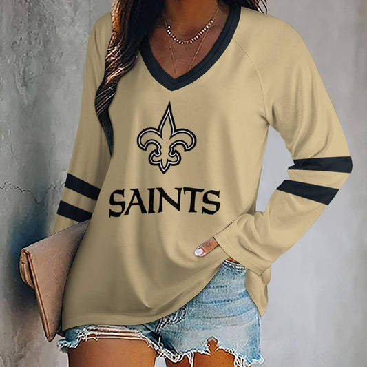 MEGA SALE - NEW CUSTOMIZED NFL24 NOS NEW ORLEANS SAINTS WOMEN'S V-NECK LONG SLEEVED SHIRT