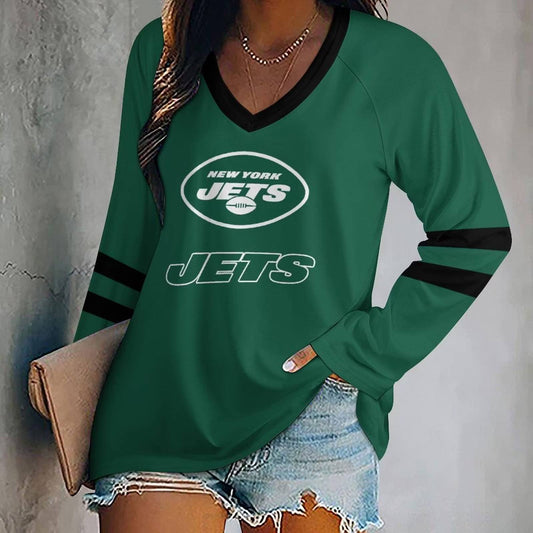 MEGA SALE - NEW CUSTOMIZED NFL25 NYJ NEW YORK JETS WOMEN'S V-NECK LONG SLEEVED SHIRT