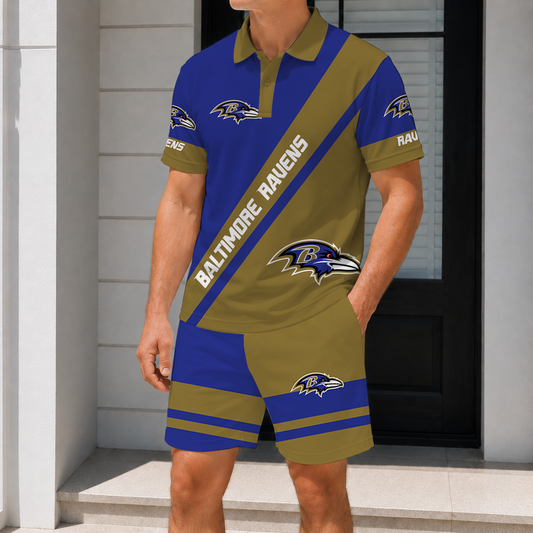 LIMITED EDITION - NEW CUSTOMIZED NFL28 BTR BALTIMORE RAVENS POLO SHIRT & SHORT PANTS SET