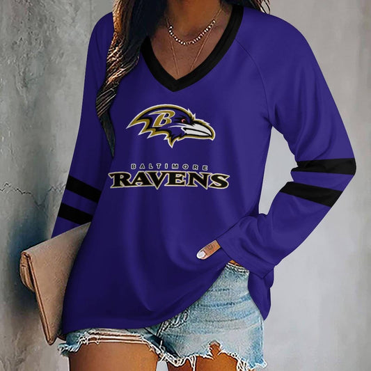 MEGA SALE - NEW CUSTOMIZED NFL28 BTR BALTIMORE RAVENS WOMEN'S V-NECK LONG SLEEVED SHIRT