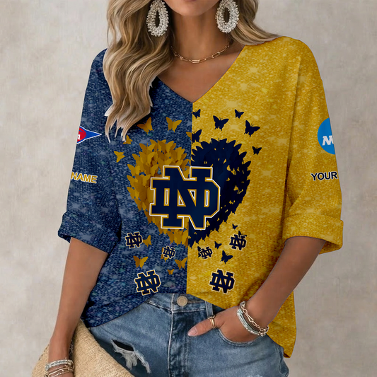 LIMITED DROP - NEW CUSTOMIZED | NCAA FBS28 NFI ND FIGHTING IRISH WOMEN'S HEART V-NECK LONG SLEEVE SHIRT
