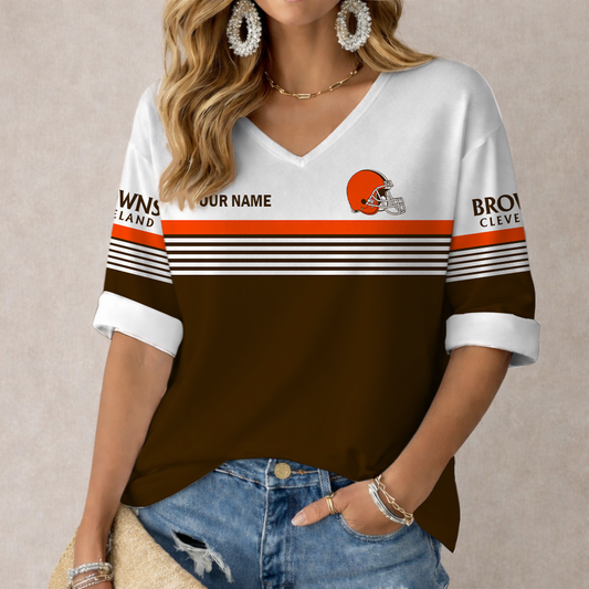 VIRAL EDITION - NEW CUSTOMIZED NFL29 CLB CLEVELAND KHAKIS WOMEN'S HEART V-NECK LONG SLEEVE SHIRT