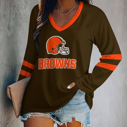 MEGA SALE - NEW CUSTOMIZED NFL29 CLB CLEVELAND BROWNS WOMEN'S V-NECK LONG SLEEVED SHIRT