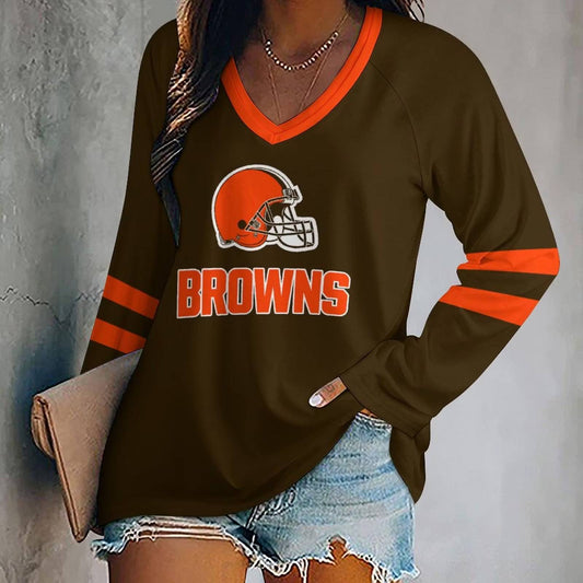 MEGA SALE - NEW CUSTOMIZED NFL29 CLB CLEVELAND BROWNS WOMEN'S V-NECK LONG SLEEVED SHIRT