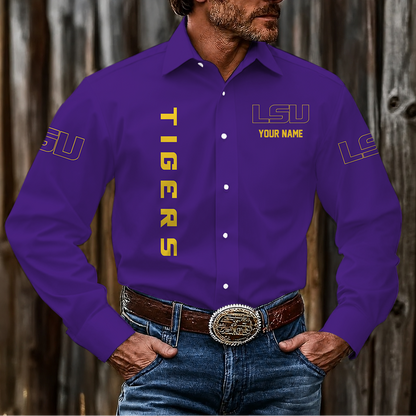 LIMITED EDITION - NEW CUSTOMIZED NCAA FBS29 LST LSU TIGERS MEN'S LONG SLEEVE BUTTON-UP SHIRT