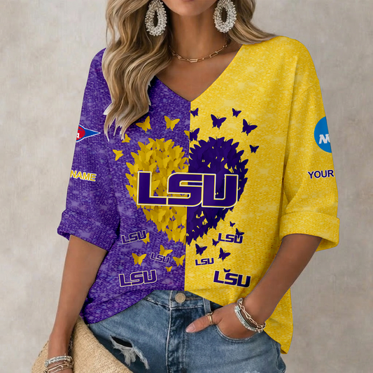 LIMITED DROP - NEW CUSTOMIZED | NCAA FBS29 LST LSU TIGERS WOMEN'S HEART V-NECK LONG SLEEVE SHIRT