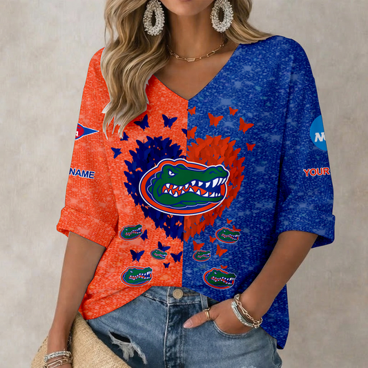 LIMITED DROP - NEW CUSTOMIZED | NCAA FBS30 FLG FL GATORS WOMEN'S HEART V-NECK LONG SLEEVE SHIRT