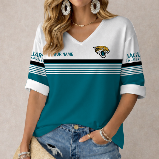 VIRAL EDITION - NEW CUSTOMIZED NFL30 JSJ JACKSONVILLE JAGUARS WOMEN'S HEART V-NECK LONG SLEEVE SHIRT