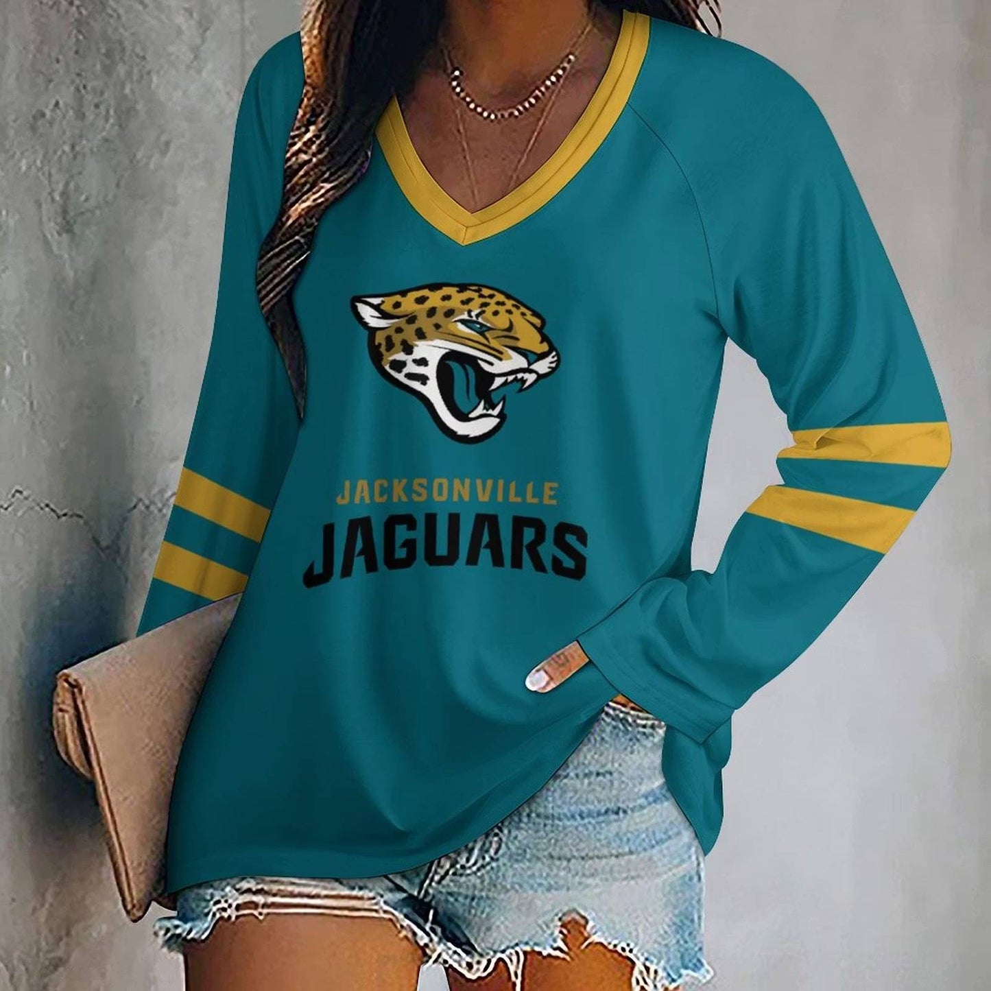 MEGA SALE - NEW CUSTOMIZED NFL30 JSJ JACKSONVILLE JAGUARS WOMEN'S V-NECK LONG SLEEVED SHIRT