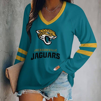 MEGA SALE - NEW CUSTOMIZED NFL30 JSJ JACKSONVILLE JAGUARS WOMEN'S V-NECK LONG SLEEVED SHIRT