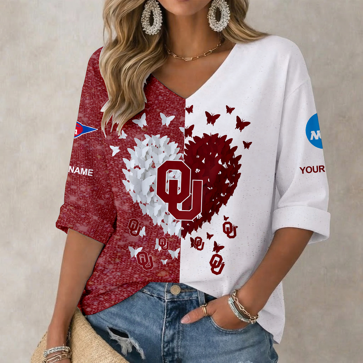 LIMITED DROP - NEW CUSTOMIZED | NCAA FBS31 OUS OU SOONERS WOMEN'S HEART V-NECK LONG SLEEVE SHIRT