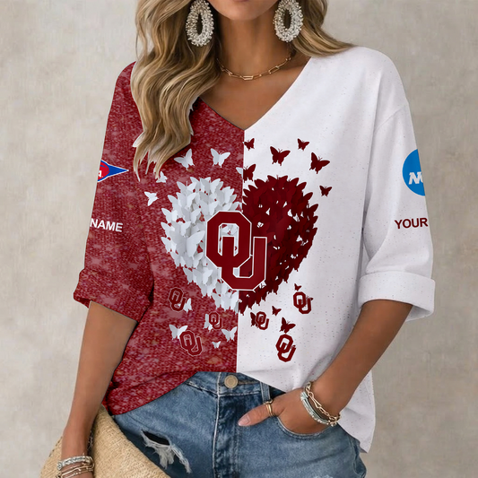 LIMITED DROP - NEW CUSTOMIZED | NCAA FBS31 OUS OU SOONERS WOMEN'S HEART V-NECK LONG SLEEVE SHIRT