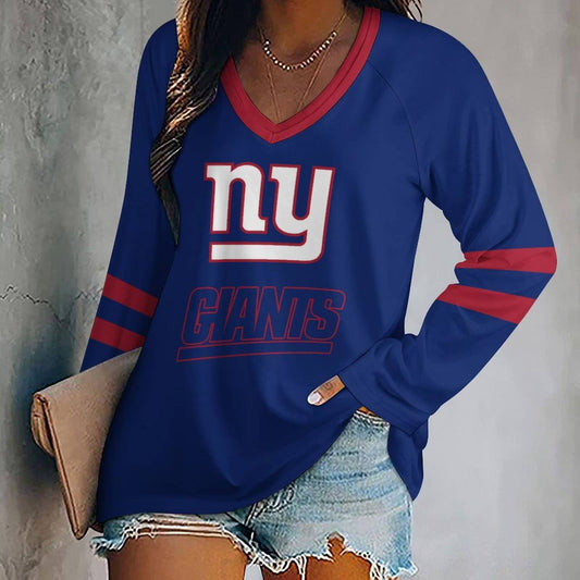 MEGA SALE - NEW CUSTOMIZED NFL32 NYG NEW YORK GIANTS WOMEN'S V-NECK LONG SLEEVED SHIRT