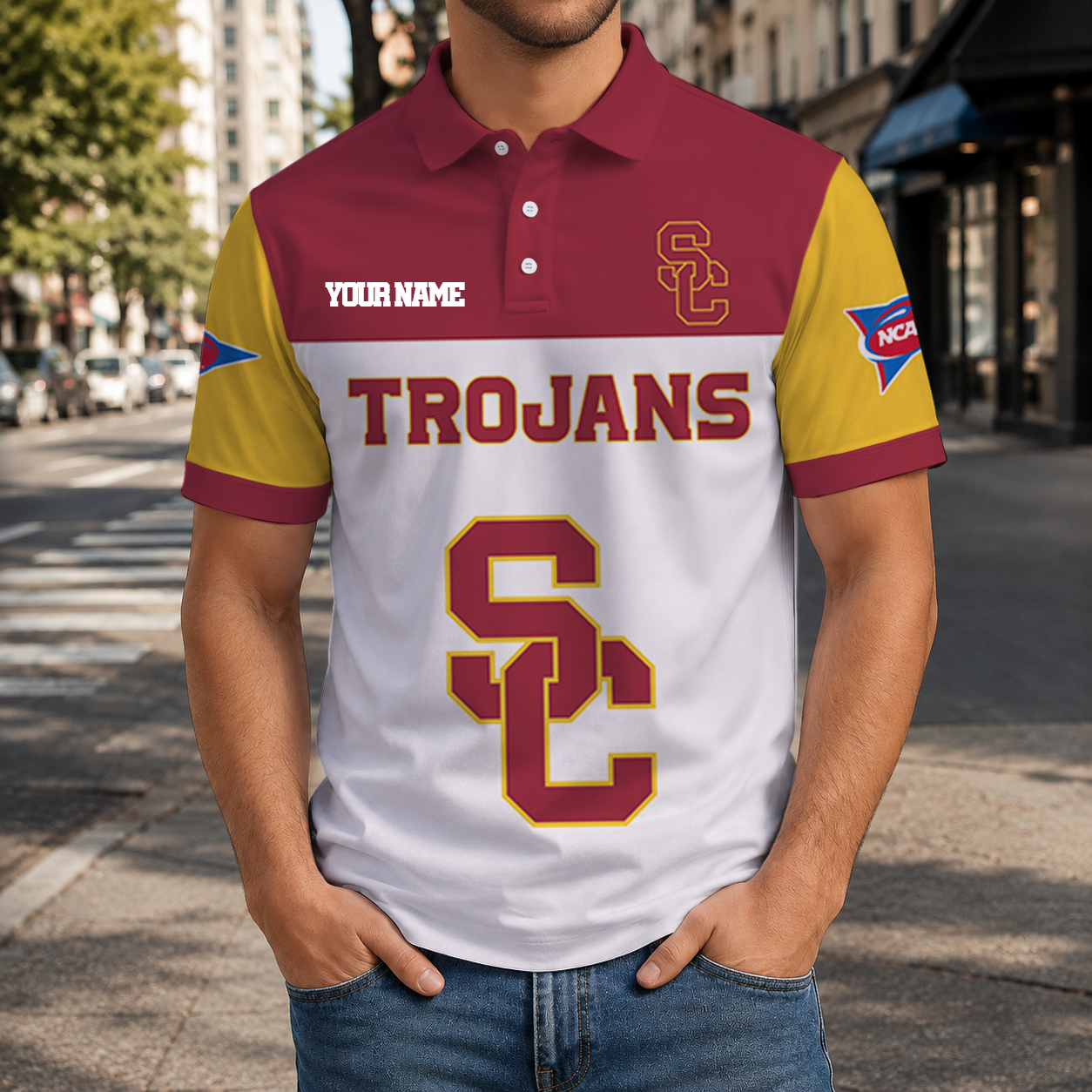 FINAL SALE - NEW CUSTOMIZED NCAA FBS32 USC USC TROJANS POLO SHIRT, ZIP POLO SHIRT & T-SHIRTS