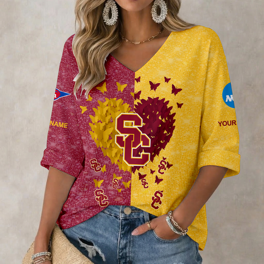 LIMITED DROP - NEW CUSTOMIZED | NCAA FBS32 USC USC TROJANS WOMEN'S HEART V-NECK LONG SLEEVE SHIRT
